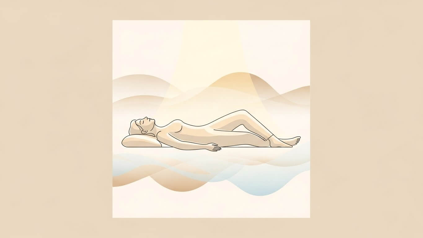 편안하게 누워 휴식하는 사람의 실루엣과 부드러운 파스텔 곡선이 표현된 힐링 일러스트. 스트레스 완화와 안정적인 호흡을 상징하는 감성 이미지.
