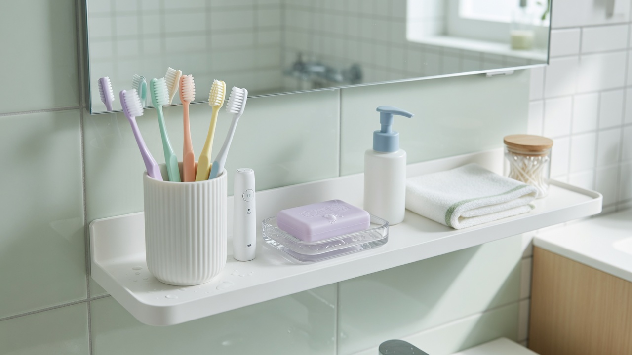 정리된 욕실 선반과 칫솔