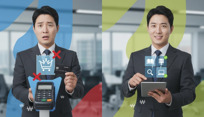 지원금 목적 외 구매(좌)와 승인된 항목 확인 후 구매하는 모습(우)을 비교하는 한국인 사업가.