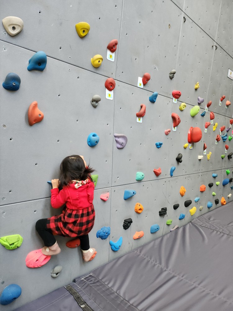 실내 암벽 체험을 하는 아이