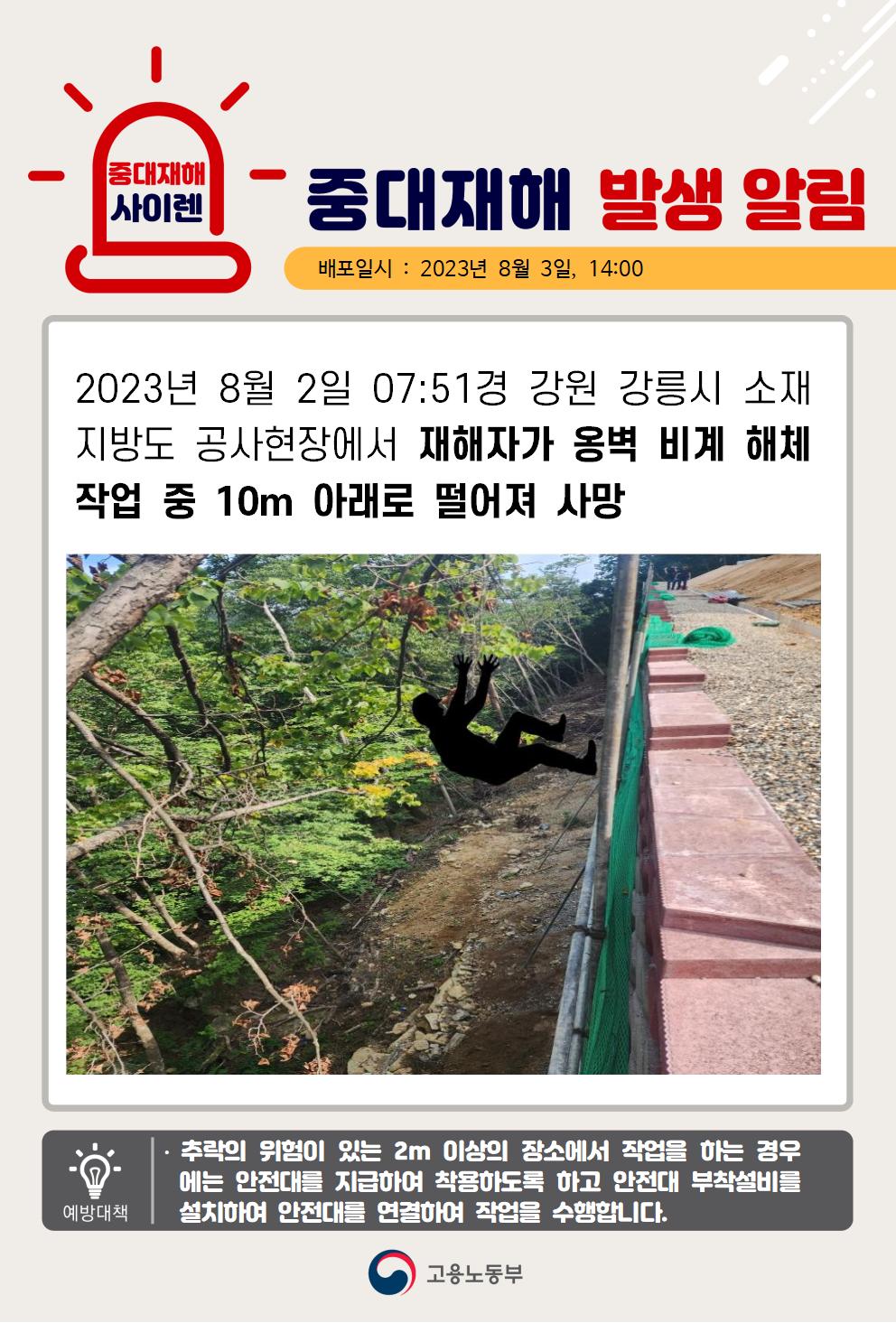 옹벽 비계 해체 작업 중 떨어짐(10m)