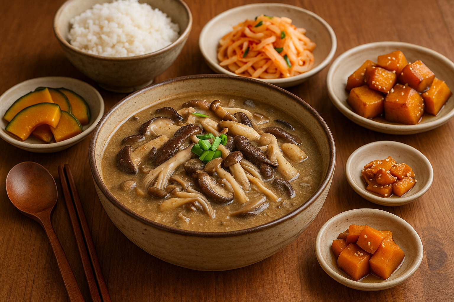 버섯들깨탕, 고구마조림, 무생채, 단호박찜으로 구성된 가을 제철 한식 상차림