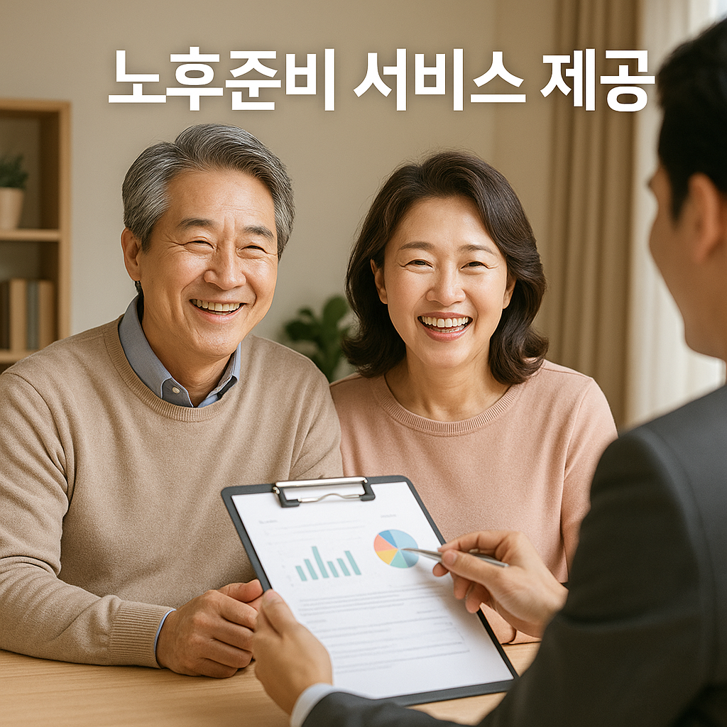 중년 부부가 노후설계 상담을 받으며 웃는 장면