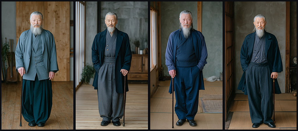 인물 모델, 마르고 나이든 체형에 지혜롭고 절제된 자세를 강조한 동아시아 노년 남성의 시네마틱 전신 이미지_Midjourney