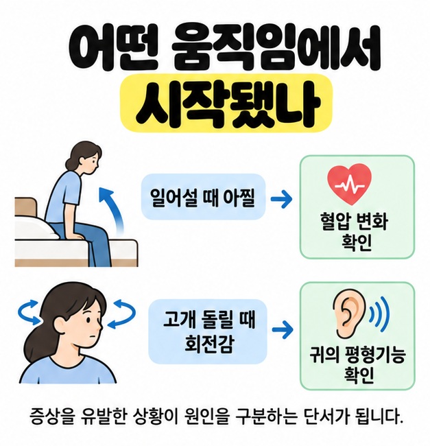 일어설 때의 아찔함을 혈압 변화 확인에, 고개를 돌릴 때의 회전감을 귀의 평형기능 확인에 연결해 증상 시작 상황을 구분한 도식