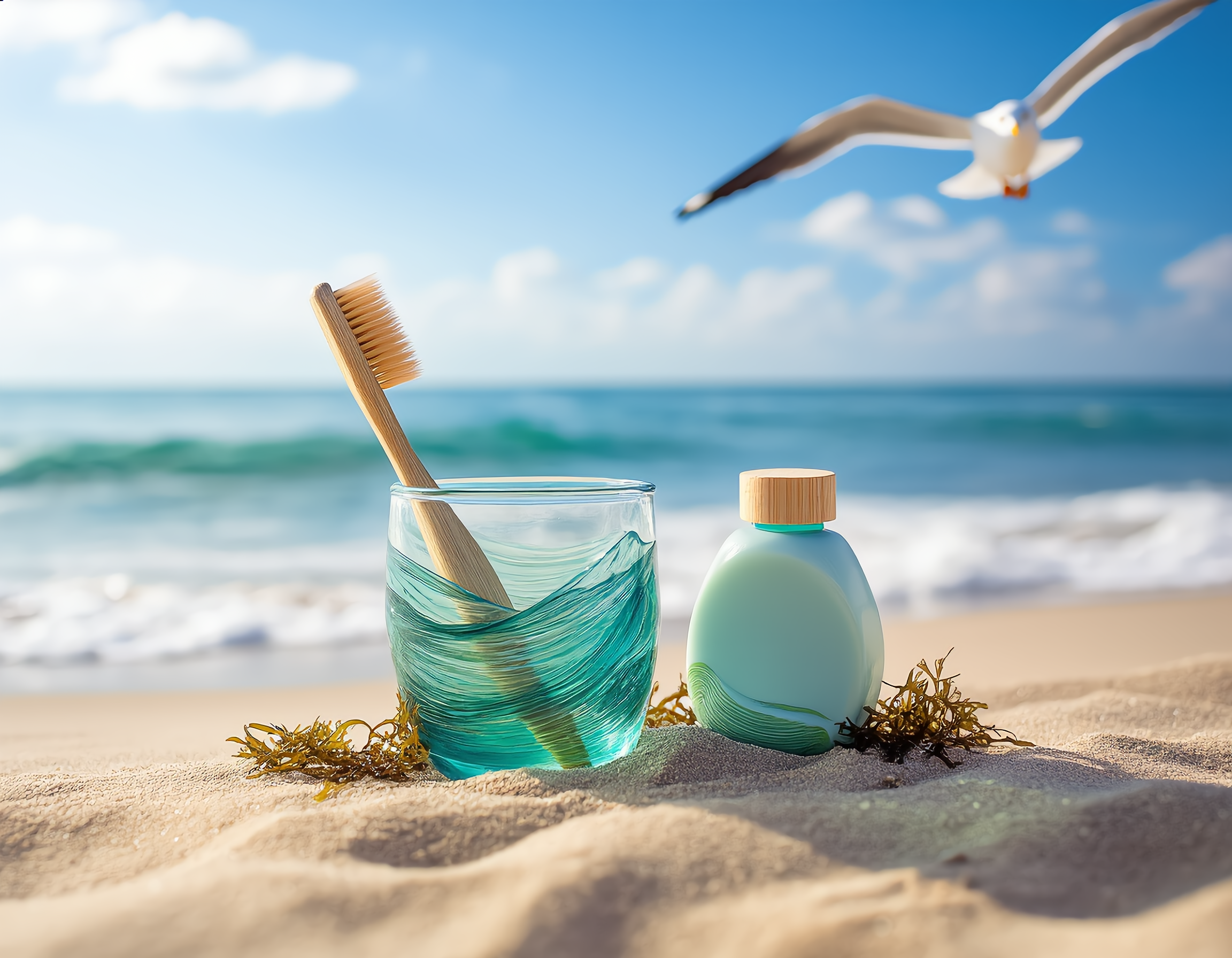 **Output:**
청록색 오션 웨이브 패턴이 새겨진 유리 재사용 컵, 대나무 소재의 미니멀한 칫솔, 조개 모양 포장의 고체 샴푸가 모래와 해조류 위에 자연스럽게 배치된 광고 이미지. 부드러운 햇살이 비추는 해변 배경에 파도 소리와 갈매기 울음이 느껴지는 청량한 분위기로, 제로웨이스트 라이프스타일의 세련됨과 지속 가능성을 강조합니다.