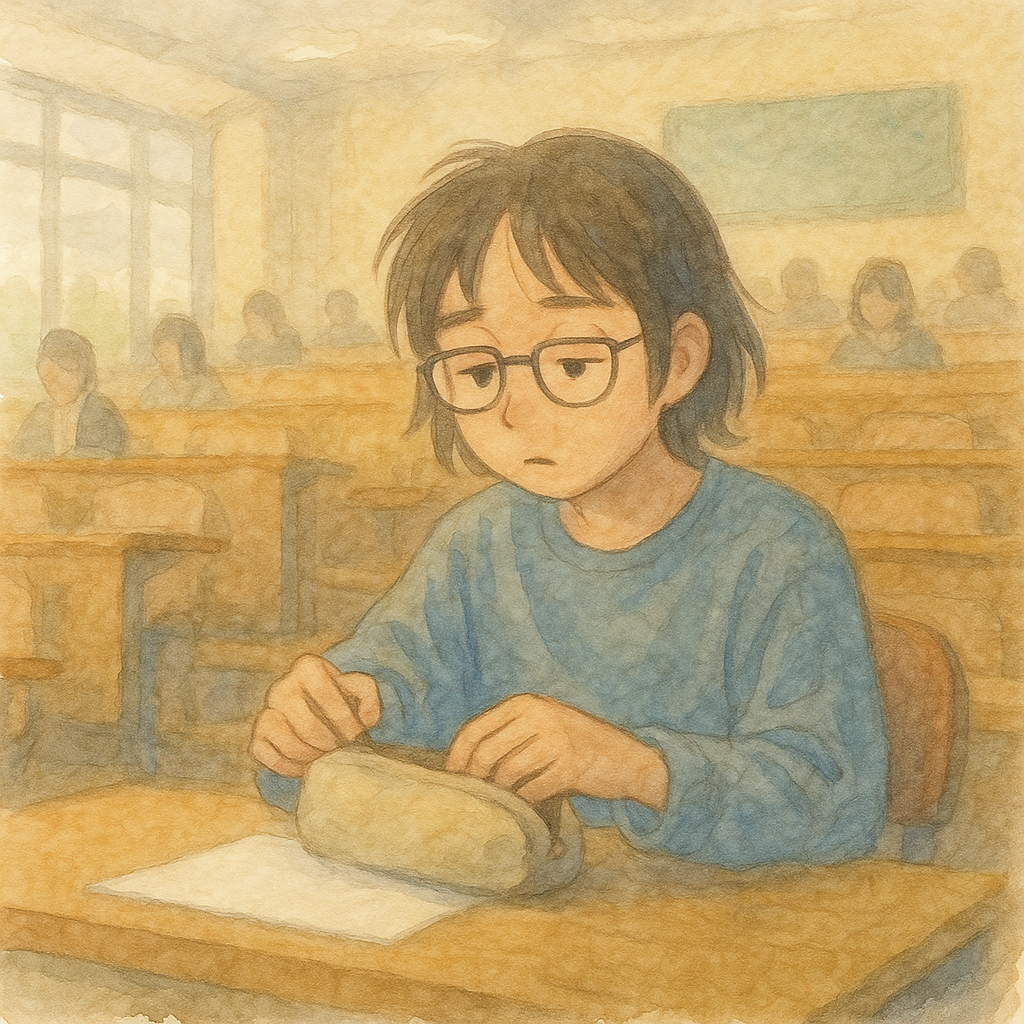 흐린 아침, 졸린 학생의 필통 만지작/cloudy morning, sleepy student fidgets with pencil case