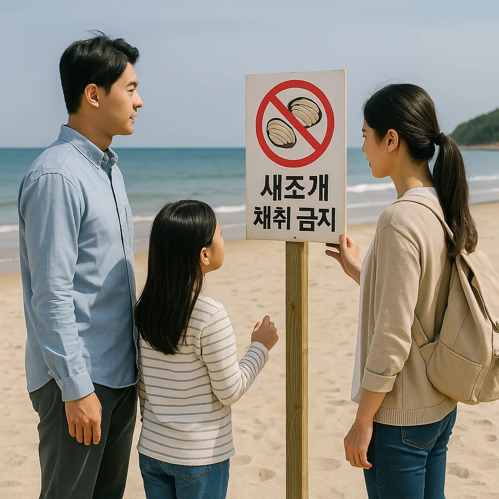 가족이 해변에서 새조개 금지 안내문을 확인하는 모습