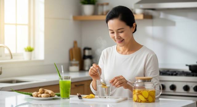 알로에·생강차·꿀을 활용하는 50대 한국 여성 이미지