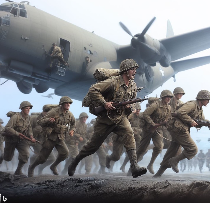 병사들이 착륙을 하여 발이 땅에 닿자마자 달리는 모습(made by Bing)