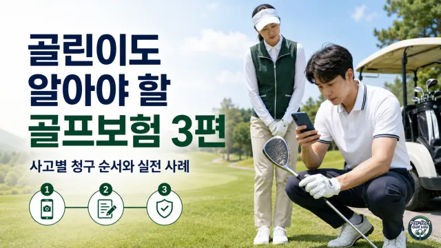 골프장에서 파손된 골프채를 촬영하고 보험 청구를 준비하는 골린이와 캐디
