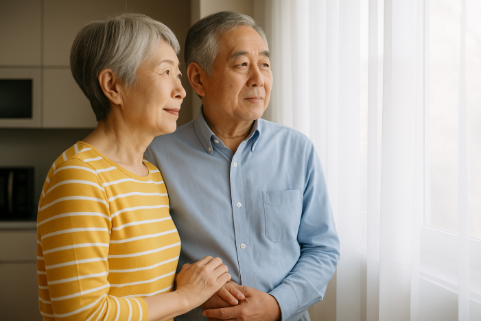 은퇴 후 창밖을 바라보며 여유를 즐기는 노부부