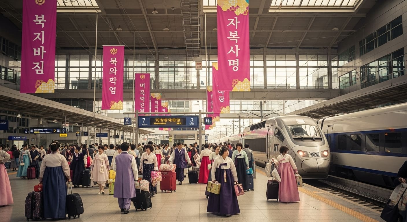 추석 귀성객으로 붐비는 기차역 대합실