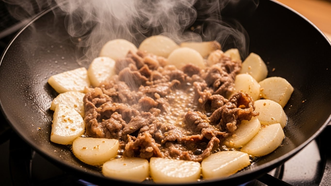소고기와 무를 볶아 향을 내는 조리 과정