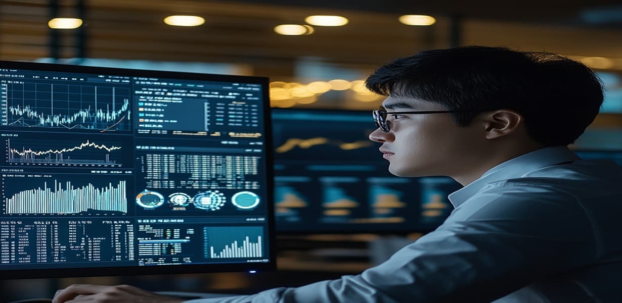 경제 차트를 분석 중인 한국 금융 애널리스트 모습