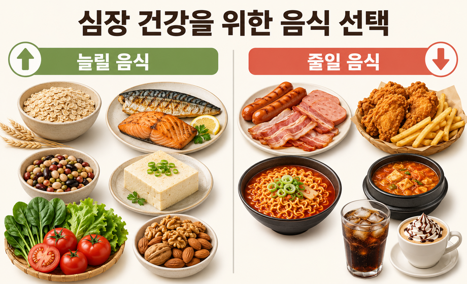 심장에 좋은 음식과 피해야 할 음식 비교 이미지, 귀리&middot;등푸른생선&middot;채소&middot;견과류와 가공육&middot;튀김&middot;라면&middot;탄산음료 비교