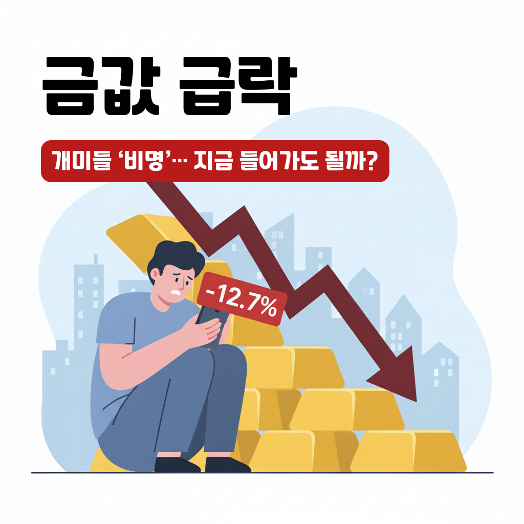 휴대폰을 든 사람이 불안한 표정으로 앉아있고, 뒤편에는 금괴와 하락 화살표가 있는 썸네일