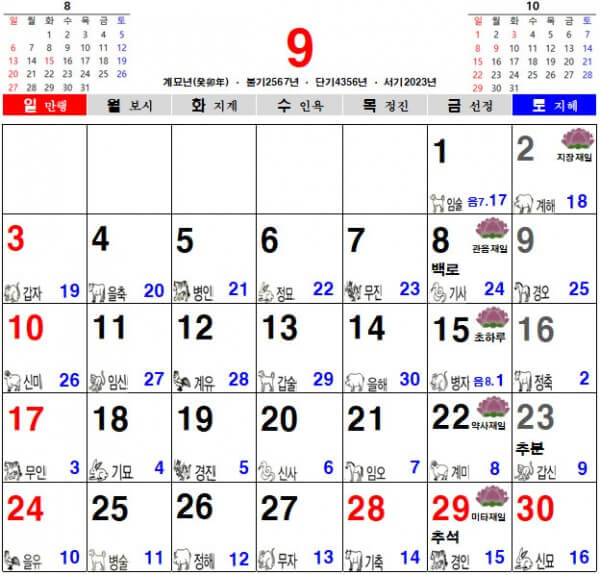 2023년 9월 음력 달력, 불교 달력, 일진 달력