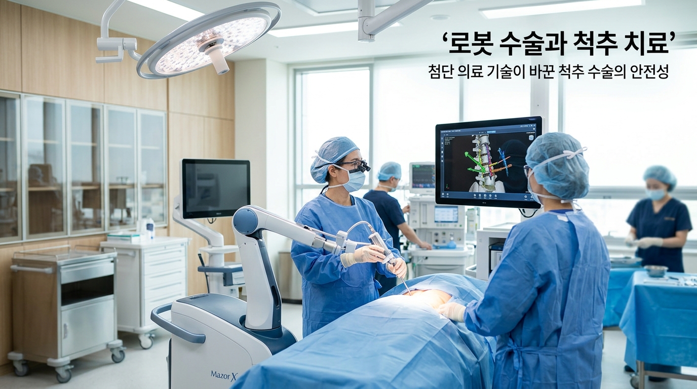 최첨단 의료 장비가 갖춰진 밝고 깨끗한 수술실에서 전문 의료진이 고정밀 3D 척추 로봇 내비게이션 화면을 모니터링하며 안전하게 수술을 집도하고 있는 모습. '로봇 수술과 척추 치료', '첨단 의료 기술이 바꾼 척추 수술의 안전성'이라는 문구가 적혀 있어, 현대 척추 로봇 수술의 압도적인 정확성과 안전성을 시각화함.