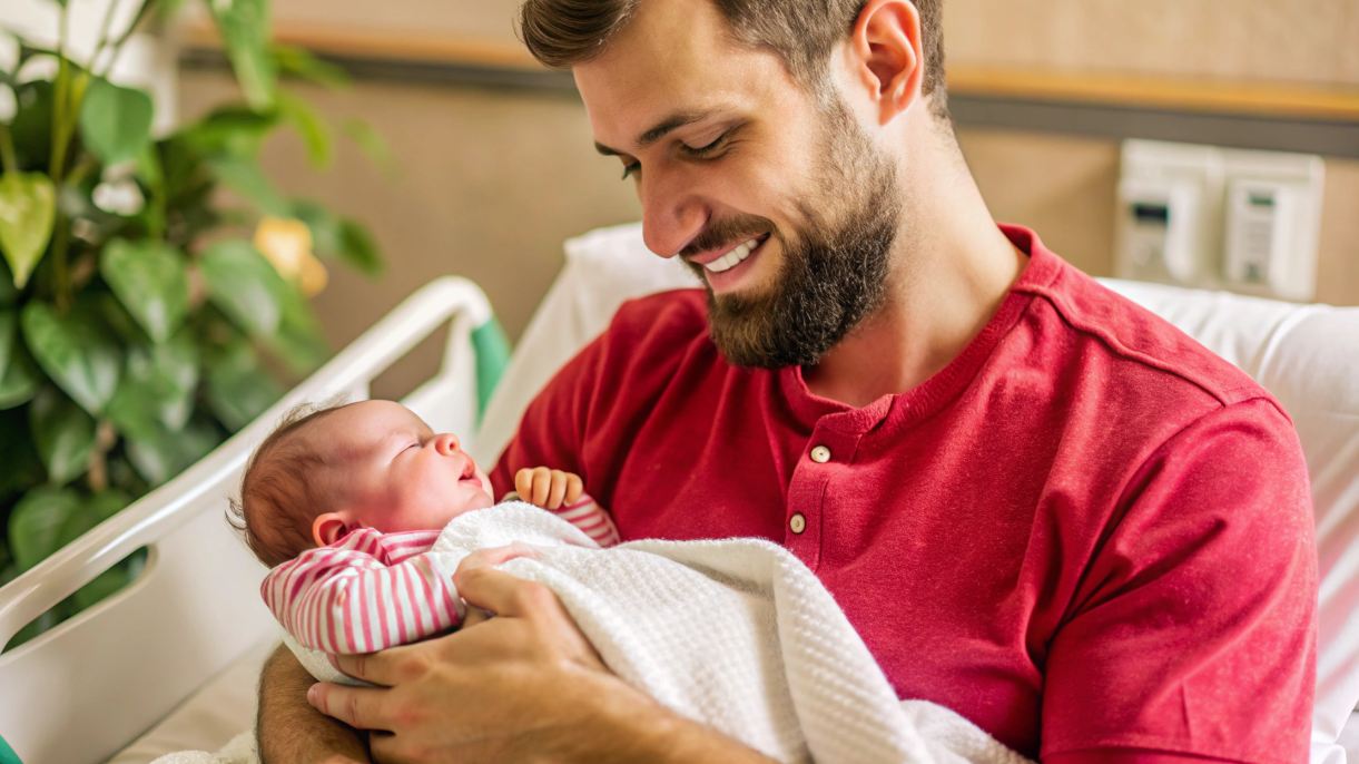 30대 젊은 아빠가 아이를 안고 기뻐하고 있다