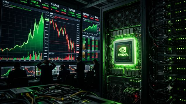 NVIDIA 실적 발표와 AI 버블 논란을 표현한 AI 서버 및 미국 증시 이미지