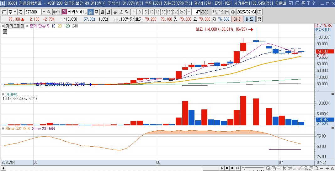 카카오페이 주가 일봉 차트