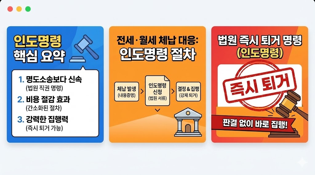 법원이 직접 내리는 즉시 퇴거 명령인 인도명령을 강조한 썸네일 이미지