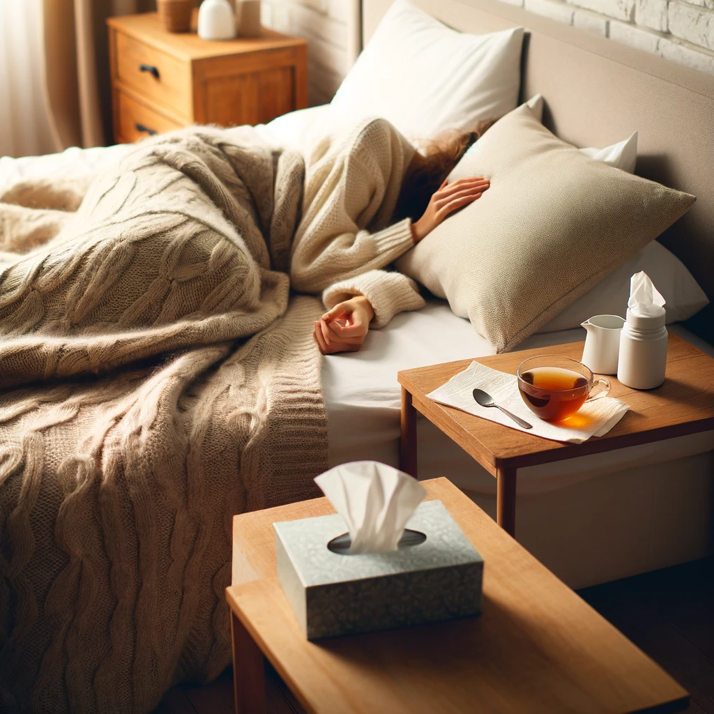 침대에서 휴식을 취하는 사람이 따뜻한 담요를 덮고 있는 장면