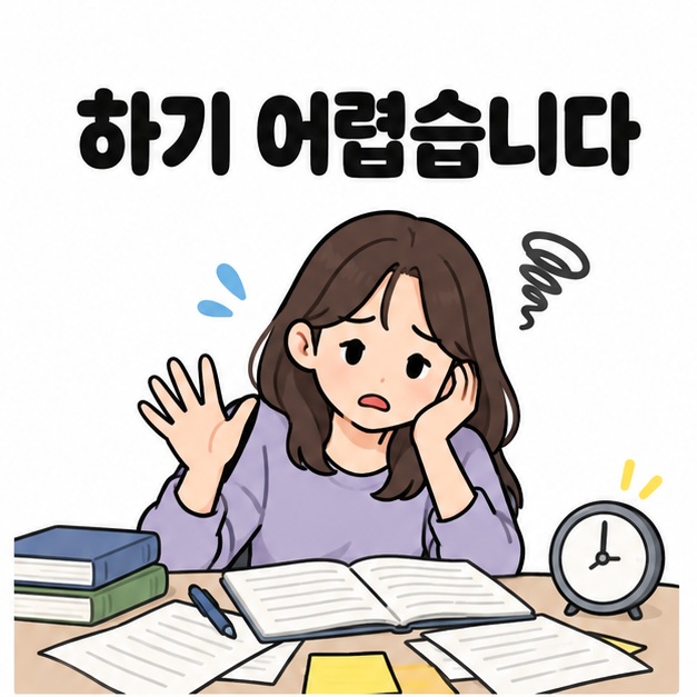 하기 어렵습니다라는 문구 아래 과제와 공책이 펼쳐진 책상에서 여성이 난감한 표정으로 한 손을 드는 모습
