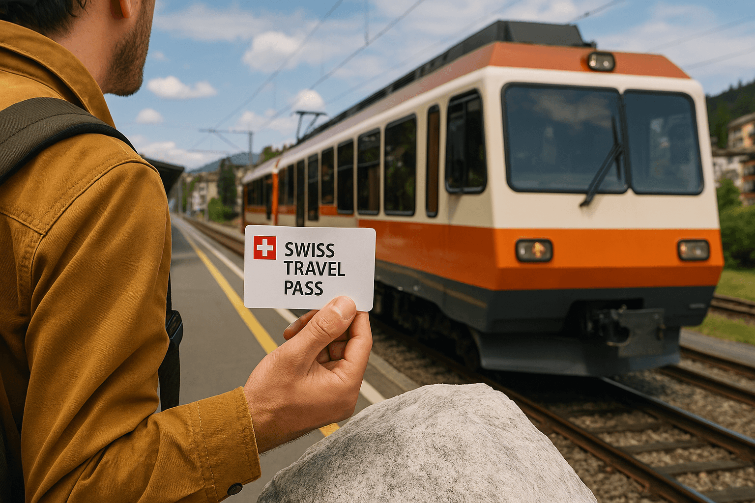  스위스 트래블 패스를 들고 기차 창밖의 아름다운 알프스 풍경을 감상하는 행복한 여행객. 기차와 스위스의 설경이 조화를 이룬다.