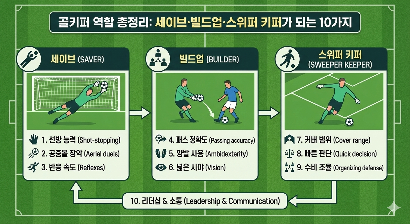 현대 축구 골키퍼 역할 완전 정복: 세이브(선방), 후방 빌드업, 스위퍼 키퍼(커버)의 3가지 유형 분석 및 완벽한 GK가 되기 위한 10가지 핵심 능력 인포그래픽