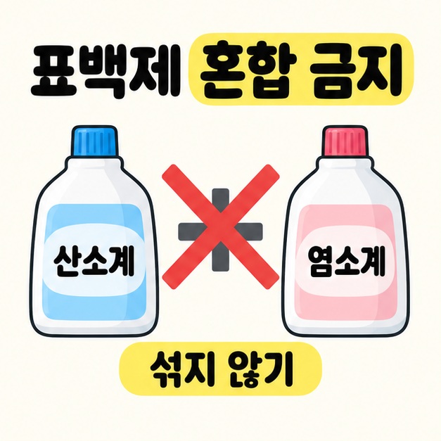 산소계와 염소계라고 표시한 두 병 사이 더하기 기호에 큰 엑스 표시를 겹치고 표백제 혼합 금지와 섞지 않기를 안내한 이미지