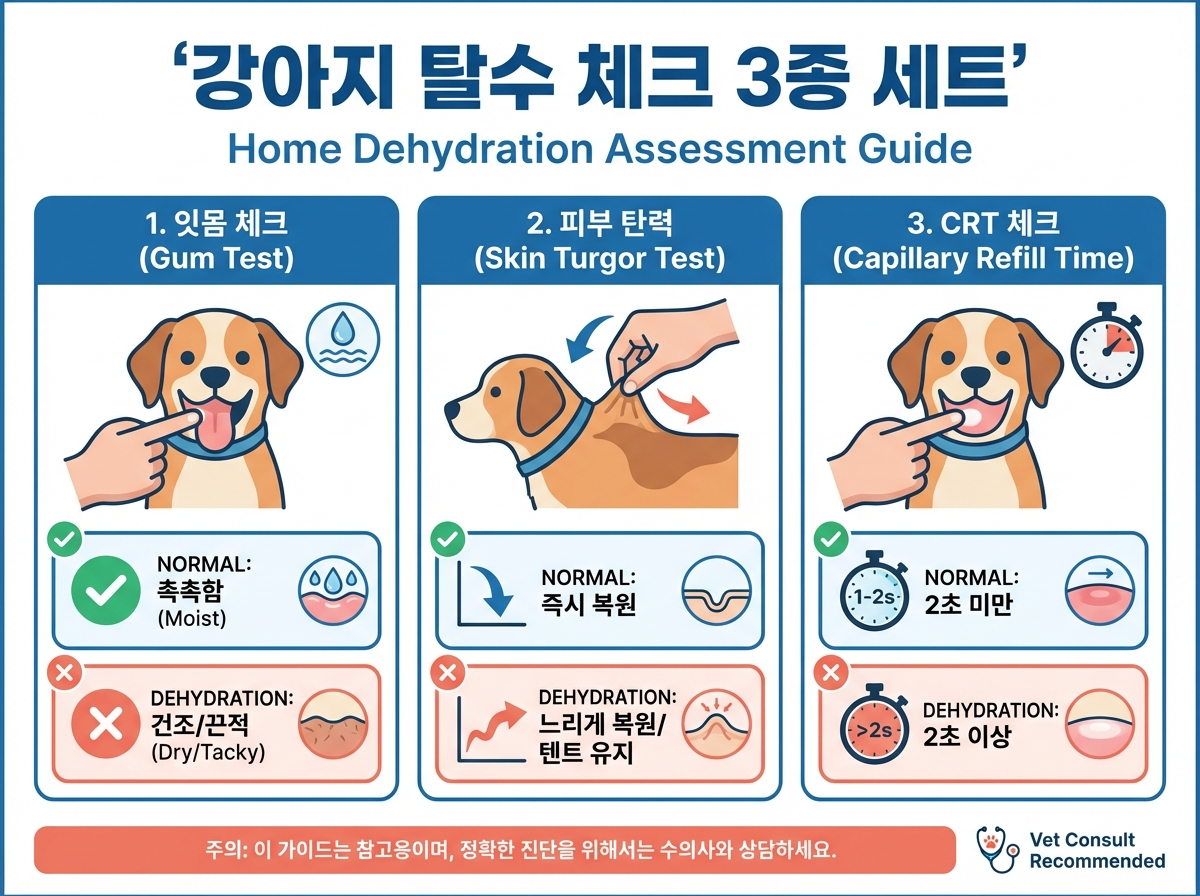 강아지 탈수 확인 방법(잇몸 끈적임, 피부 탄력, CRT 1~2초 기준)