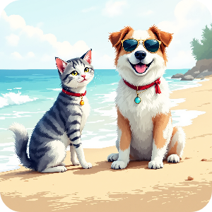 사랑스런 고양이와 강아지가 함께 행복하게 있는 이미지