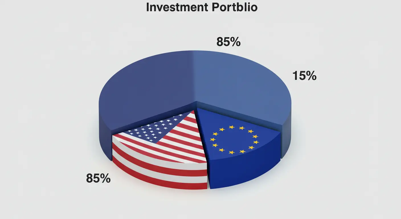 미국(85%)이라는 큰 조각과 유럽(15%)이라는 작은 조각으로 구성된 포트폴리오 파이 차트