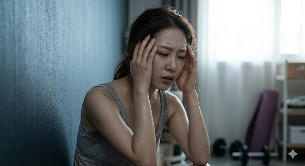 A woman sitting clutching her head, feeling extreme fatigue and headaches due to an extreme starvation diet in the summer. Warning against the side effects of incorrect dieting.