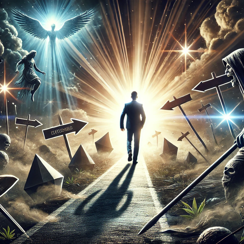 Here is an image portraying a courageous and faith-driven individual stepping forward into light, leaving fears and challenges behind, inspired by Joshua 10:8. The scene symbolizes victory over fear and the strength to live a bold and empowered life.
