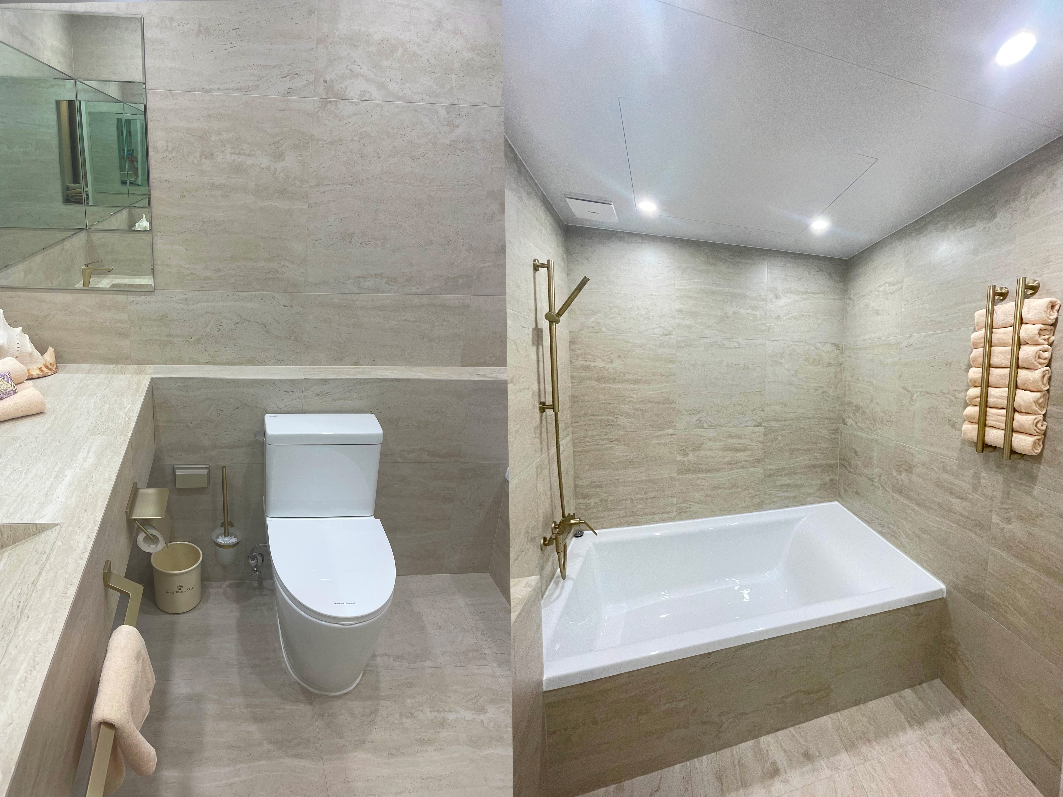 인테리어, 반셀프인테리어, 실전, 욕실, 리모델링, 욕실리모델링, 안방욕실, 조적세면대, 샴페인골드, 수전, 아메리칸스탠다드, 변기, 욕조, 철거, 고뫄스방수, 민경, 트라버틴, 타일, 매지, 타일유가