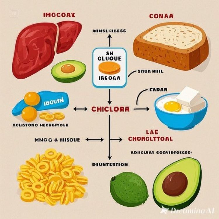 간세포 내부에서 탄수화물(포도당 분자)이 인슐린의 작용으로 HMG-CoA 환원효소를 통해 콜레스테롤로 변환되는 생화학적 과정을 도식화한 인포그래픽으로, 한쪽에는 고탄수화물 식품들(빵, 파스타, 설탕)이 콜레스테롤 공장을 가동시키는 모습, 다른 쪽에는 저탄수화물 식품들(고기, 계란, 아보카도)이 공장을 정지시키는 모습을 대비하여 표현한 의학적 일러스트레이션