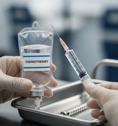 항암제 주입을 위해 준비된 정맥주사용 약물과 주사기