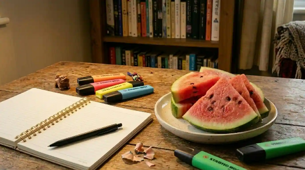 책상 위 접시에 수박 몇 조각이 올려져 있음.