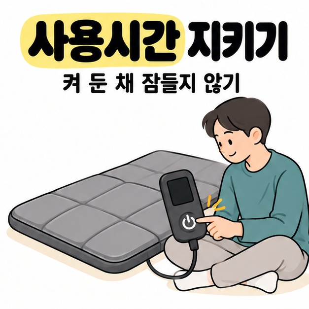 사용시간 지키기와 켜 둔 채 잠들지 않기 문구 아래 남성이 표시창이 꺼진 리모컨의 전원 버튼을 누르는 그림