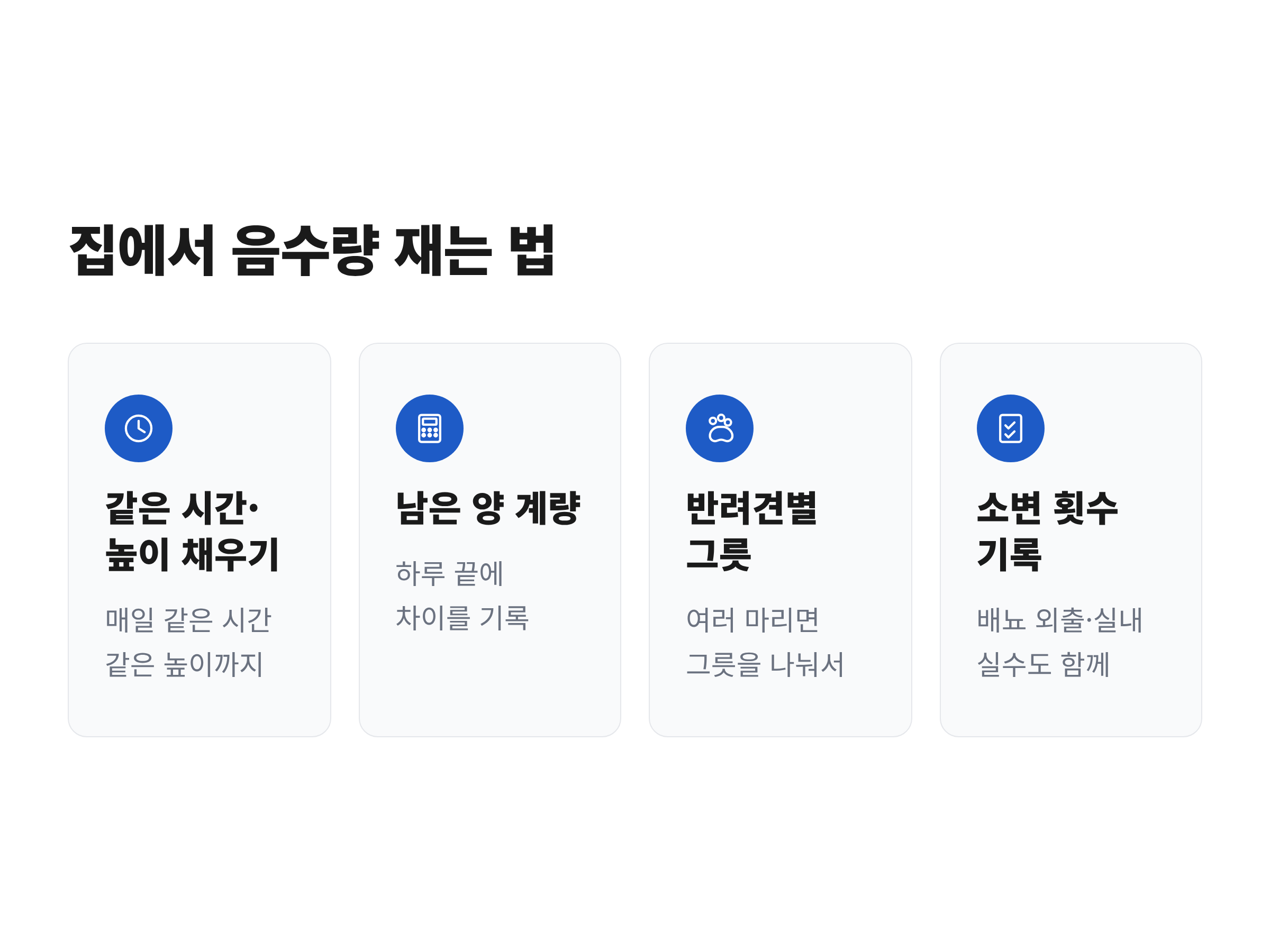 집에서 강아지 하루 음수량을 재는 4단계 과정을 정리한 그림