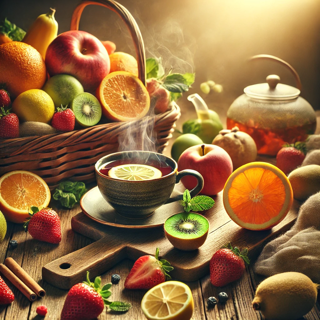 DALL·E 2025-03-19 13.44.11 - A high-quality 8K image of a beautifully arranged wooden table featuring vitamin-rich fruits and herbal tea. The table displays fresh oranges, strawbe.webp