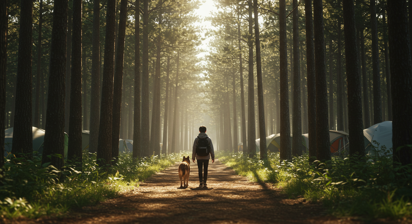 홍천 비발디파크 캠프장 숲길에서 반려견과 산책하는 모습