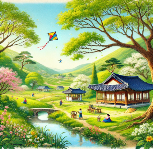 맑고 밝은 봄날, 푸른 하늘과 신선한 초목, 그리고 한옥 주변에서 활기찬 활동을 즐기는 사람들의 모습이 담겨 있는 '청명' 절기를 표현한 이미지