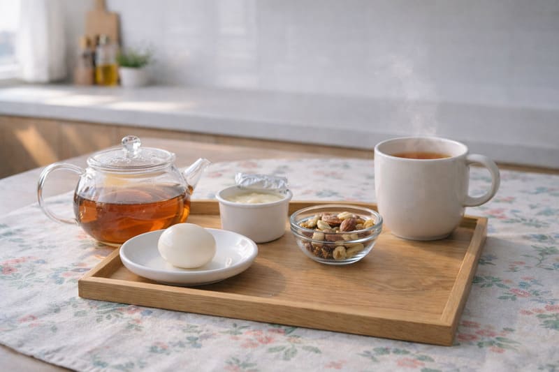 중년을 위한 아침 단백질 식품이 준비된 식탁