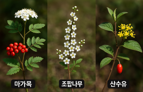 마가목, 조팝나무, 산수유 비교 사진