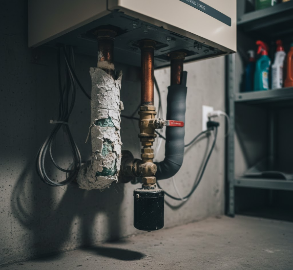 낡고 부식된 보일러 배관과 노후된 보온재 모습