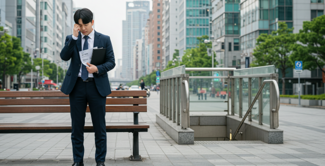길거리에서 개인회생 고민하는 사회초년생 사진